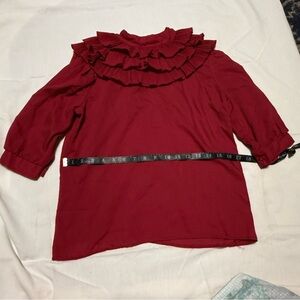 Vintage red ruffle neck blouse with tiered pleats & puff sleeves medi